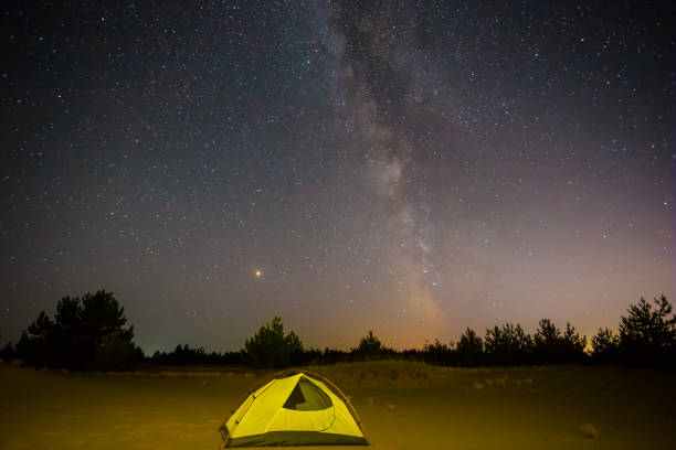 istock touristic tent in a sandy desert under a starry sky, night scene 1021078530