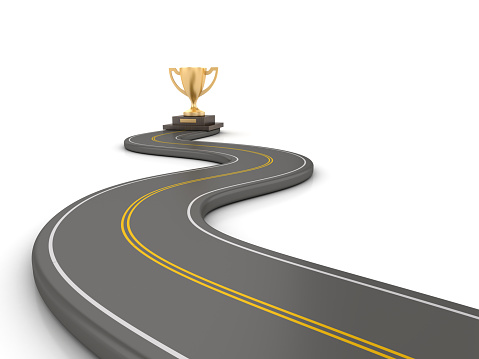 Winding 3D Road with Trophy - White Background - 3D Rendering