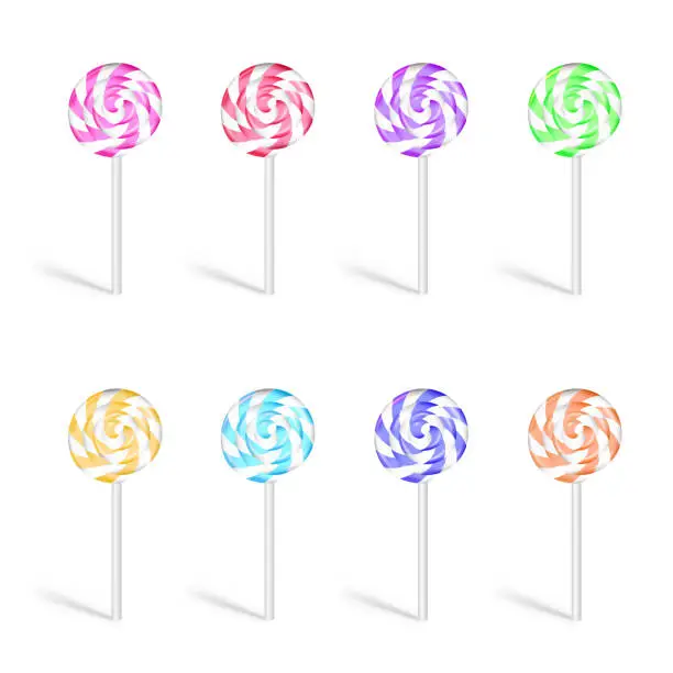 Vector illustration of Lolly pop candy vector set. Sweet realistic collection of round sugar bon-bons with twisted colorful rays illustration isolated on white. Symbol of childish love for bright comfits and playdays.