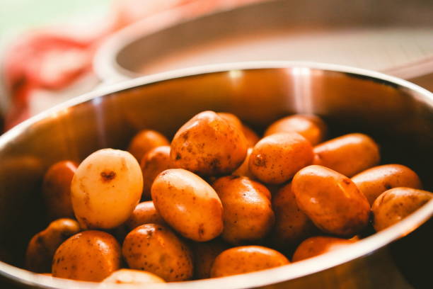 potatoes young washed wet stainless steel saucepan