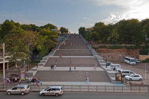 Odessa, Ukraine - June 28 2018: The Potemkin Stairs, or Potemkin Steps (Ukrainian: Потьомкінські сходи, Potj'omkins'ky Skhody), is a giant stairway in Odessa, Ukraine.