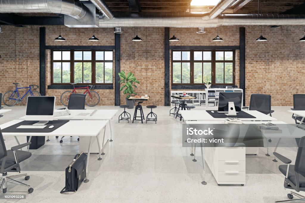 modern loft office interior modern loft  office interior. 3d rendering concept Office Stock Photo