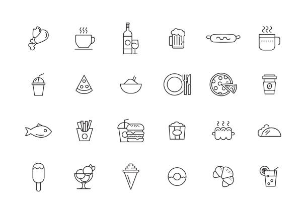 ilustraciones, imágenes clip art, dibujos animados e iconos de stock de conjunto de iconos de línea alimentos y bebidas - cooking clothing foods and drinks equipment