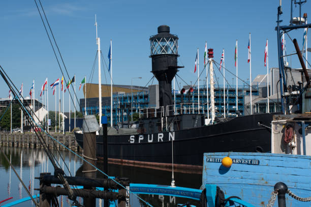 Hull Docks with Spurn head lightship Hull Yorkshire UK - 27 June 2018: Hull Docks with Spurn head lightship kingston harbour stock pictures, royalty-free photos & images