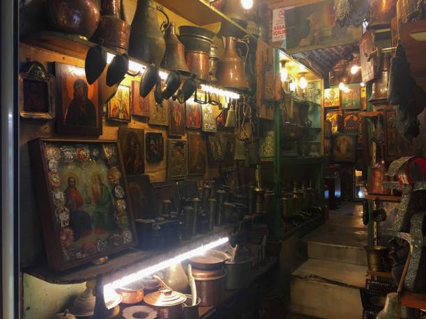 istock Old religious antiques and traditional copper tools at Grand Bazaar, Istanbul. 1021104764