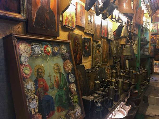 istock Old religious antiques and traditional copper tools at Grand Bazaar, Istanbul. 1021105238