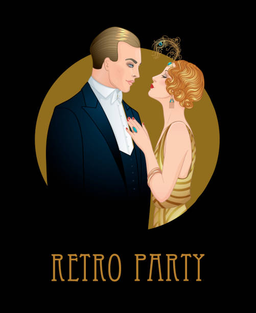 Art deco style. Retro fashion Beautiful couple in art deco style. Retro fashion: glamour man and woman of twenties. Vector illustration. Flapper 20's style. Vintage party or thematic wedding invitation design template. 1920 stock illustrations