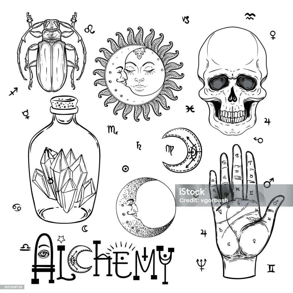 Alchemy symbol icon set. Spirituality, occultism, chemistry, magic tattoo concept. Alchemy symbol icon set. Spirituality, occultism, chemistry, magic tattoo concept. Vintage vector illustration collection with mystic and occult signs. Halloween, astrological elements. Halloween stock vector