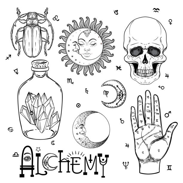 Alchemy symbol icon set. Spirituality, occultism, chemistry, magic tattoo concept. Alchemy symbol icon set. Spirituality, occultism, chemistry, magic tattoo concept. Vintage vector illustration collection with mystic and occult signs. Halloween, astrological elements. alchemy illustrations stock illustrations