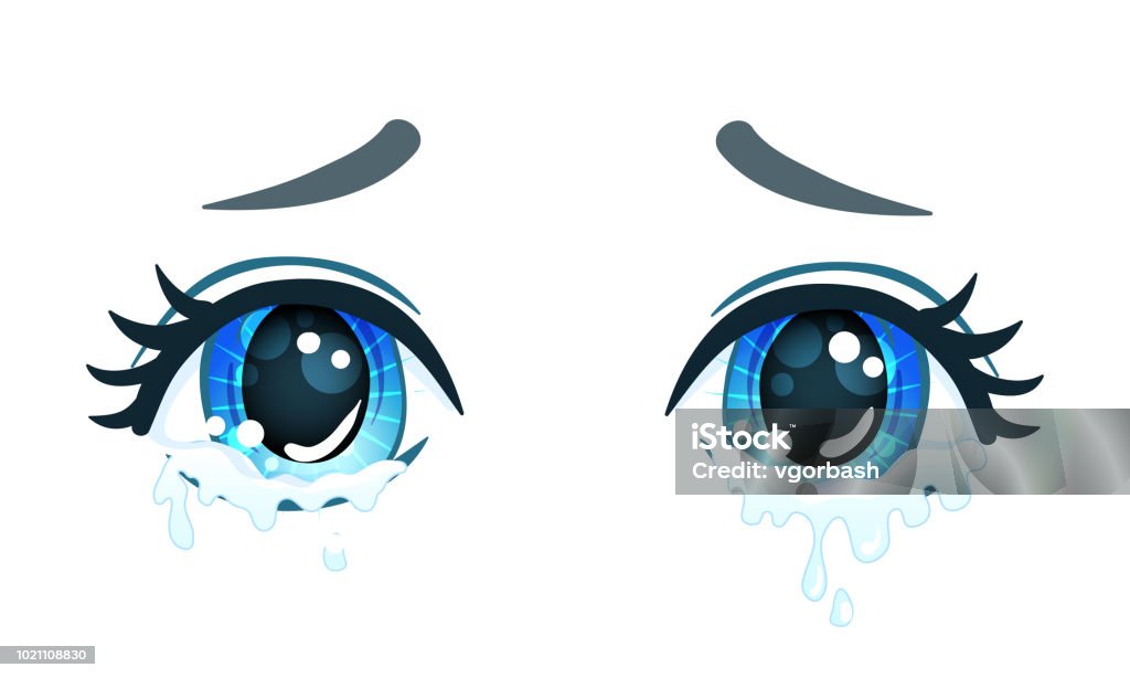 Happy Anime Style Big Blue Eyes Hand Drawn Vector Illustration