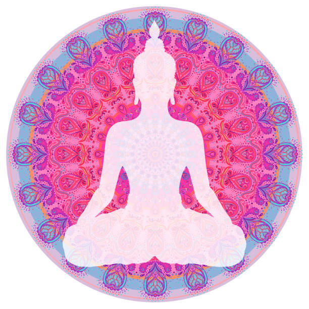 istock Buddha silhouette in lotus position over colorful ornate mandala. 1021108906