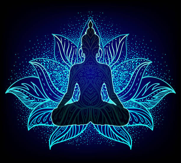 istock Buddha silhouette in lotus position over colorful ornate mandala. 1021108910