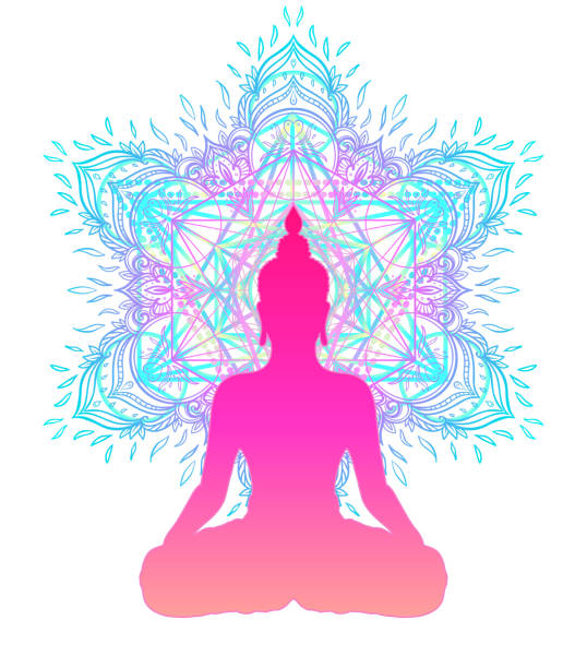 istock Buddha silhouette in lotus position over colorful ornate mandala. 1021108924