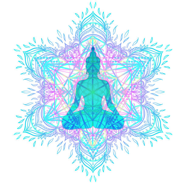 istock Buddha silhouette in lotus position over colorful ornate mandala. 1021108940