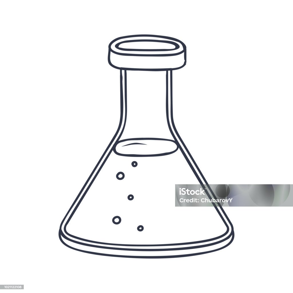 Chemistry flask. Doodle style black and white illustration Chemistry flask. Doodle style black and white illustration. Vector isolated on white background Beaker stock vector
