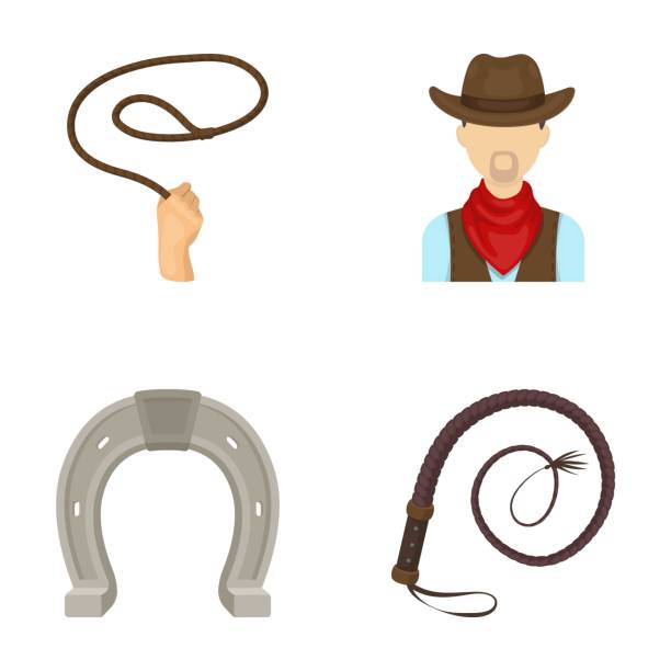 illustrations, cliparts, dessins animés et icônes de cow-boy, fer à cheval, lasso, fouet à la main. rodeo figurant icônes collection cartoon style vecteur symbole stock illustration web. - whip