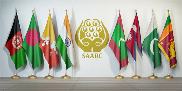 saarc. flaggen der memebers der südasiatischen vereinigung für regionale zusammenarbeit und symbol. - bhutanese flag stock-fotos und bilder