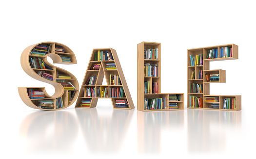 Sale from bookshelf with book in form of letters isolated on white background. Back to school sales concept. 3d illustration\nAll textures were created me in Adobe Illustrator