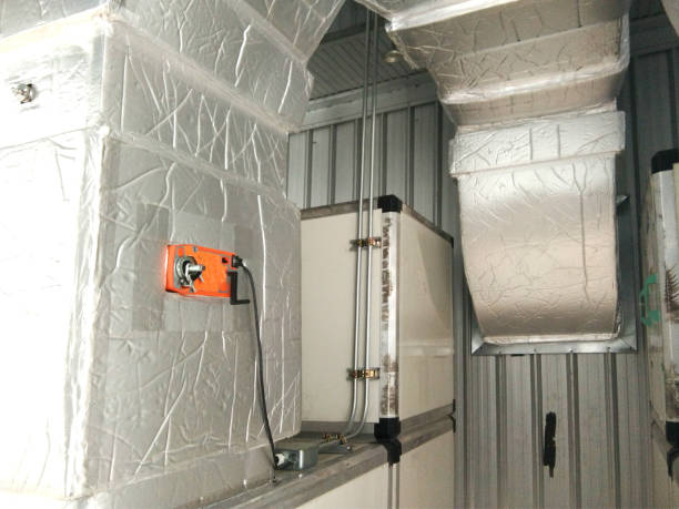 istock Air duct and ventilation systems. Ventilation pipes in silver insulation material 1021156138