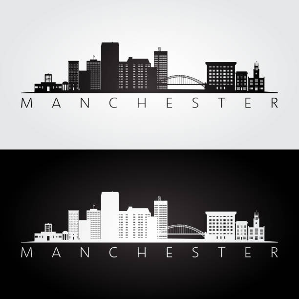 曼徹斯特, 美國天際線和地標剪影, 黑白設計, 向量插圖。 - manchester city 幅插畫檔、美工圖案、卡通及圖標