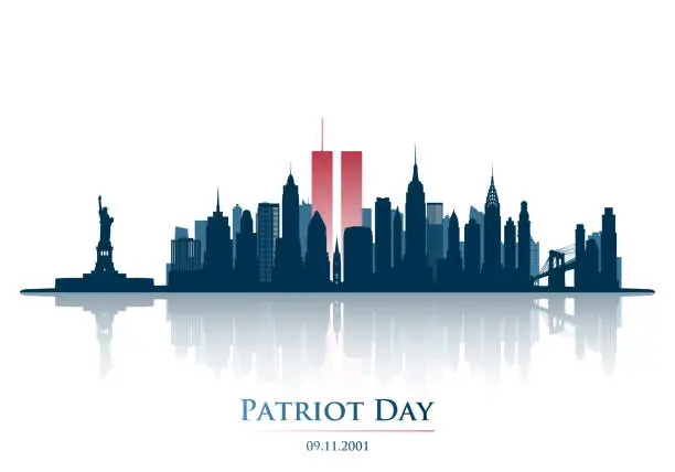 Vector illustration of Twin Towers in New York City Skyline. World Trade Center. September 11, 2001 National Day of Remembrance. Patriot Day anniversary banner. Vector illustration.