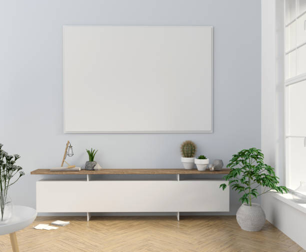 istock Modern interior design in Scandinavian style with credenza. Mock up poster. 3D illustration. 1021159254