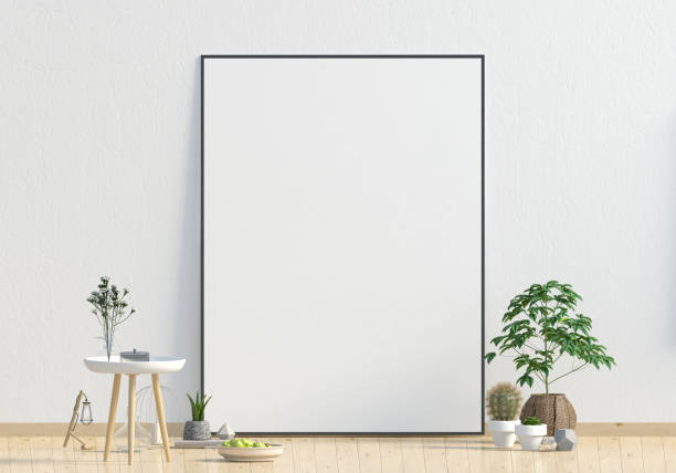 istock Modern interior design in Scandinavian style with coffee table. Mock up poster. 3D illustration. 1021159298
