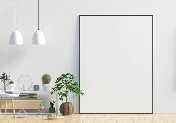 istock Modern interior design in Scandinavian style with credenza. Mock up poster. 3D illustration. 1021159308
