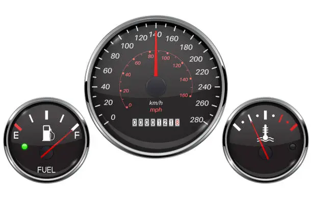 Vector illustration of Car dashboard black gauges set. Fuel gauge, speedometer, temperature indicator
