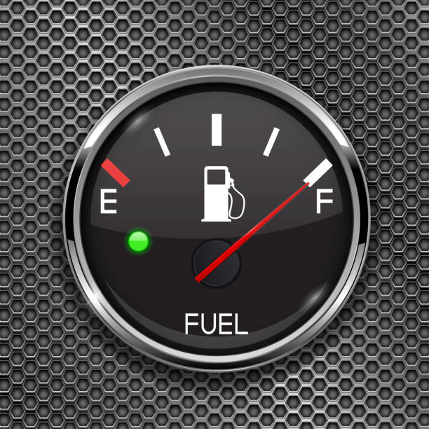 Fuel gauge. Full tank. Round black car dashboard 3d device on metal perforated background Fuel gauge. Full tank. Round black car dashboard 3d device on metal perforated background. Vector illustration full stock illustrations