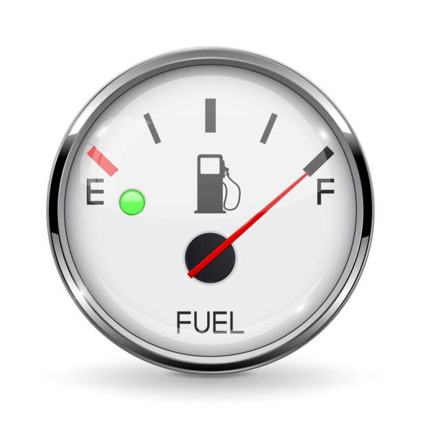 istock Fuel gauge. Full tank. Round car dashboard 3d device with chrome frame 1021166220