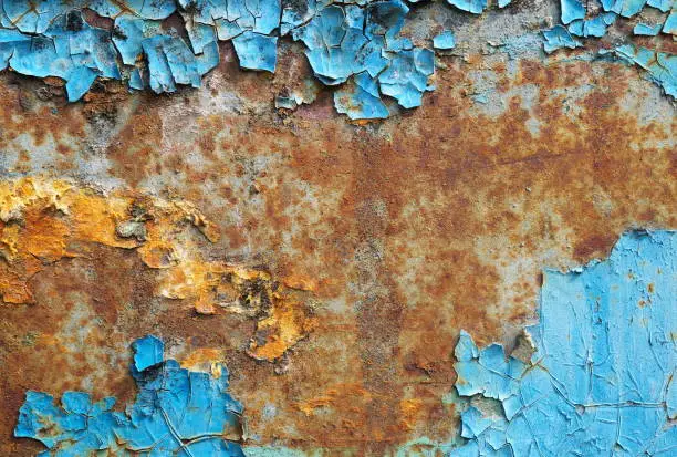 Photo of Iron sheet surface with rust stains and old painting on it with copy space