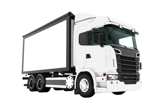 istock Modern white truck with black elements for carrying furniture 3d rendering on white background no shadow 1021173370