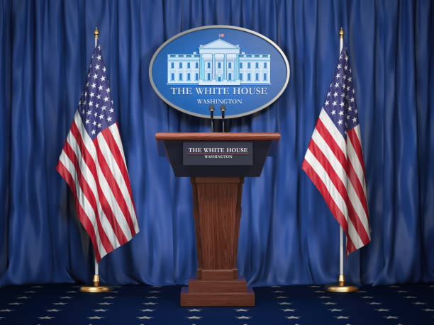 Briefing of president of US United States in White House. Podium speaker tribune with USA flags and sign of White Houise. Politics concept. Briefing of president of US United States in White House. Podium speaker tribune with USA flags and sign of White Houise. Politics concept. 3d illustration presidential election stock pictures, royalty-free photos & images