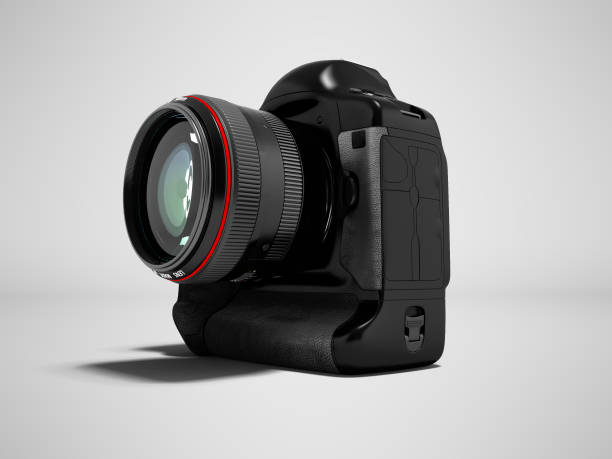 istock Modern black camera with red insert for professional shooting 3D render on gray background with shadow 1021178058