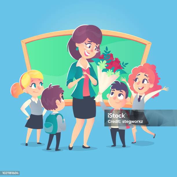 Schoolchildren Give Flowers To The Happy Teacher In Classroom Teachers Day Back To School Stock Illustration - Download Image Now