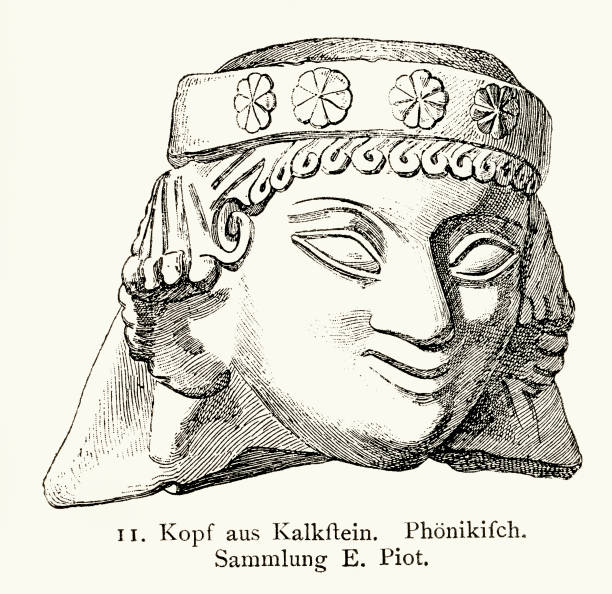woodcut of Phoenician limestone head Woodcut of Phoenician limestone head.  In Springer, Anton, 1888, History of Art Picture Sheets, concise edition (new, completely reworked, systematically ordered edition) "u2013 Atlas of the basics of art history from antiquity to the end of the 18th century. phoenicia stock illustrations