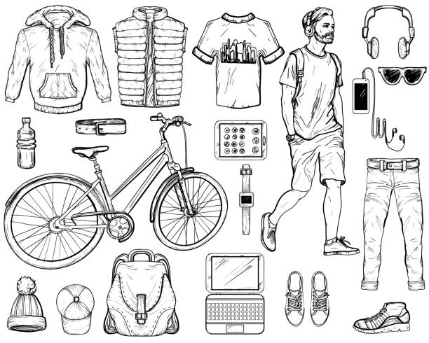 hand gezeichnete skizze mit modernen menschen zubehör. vektor-illustration - man walking bike stock-grafiken, -clipart, -cartoons und -symbole