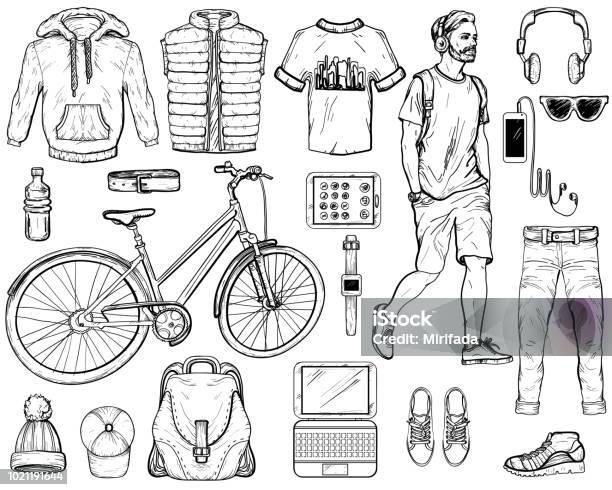 Hand Drawn Sketch With Modern Man Accessories Vector Illustration Stock Illustration - Download Image Now