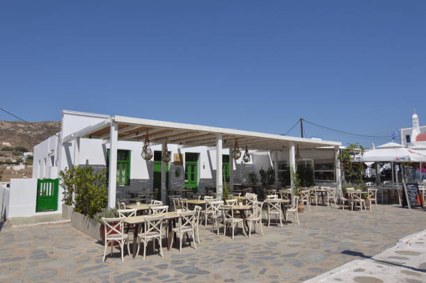 Typical Greek Restaurants In Ano Mera On The Island Of Mykonos Very Good Food. Architecture Landscapes Travels Cruises Very . stock photo