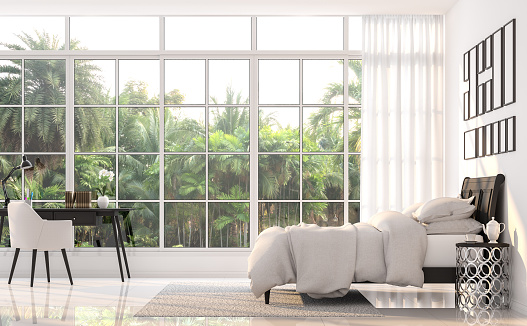 Luxury bedroom with palm garden view 3d render