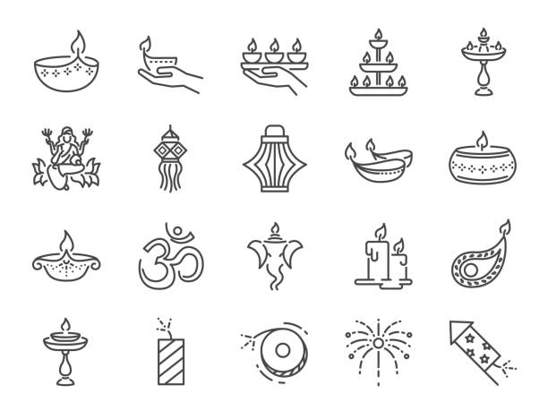Diwali icon set. Included icons as Deepavali celebrate, light festival, candle, lamp, Hindu celebration, hinduism and more. Diwali icon set. Included icons as Deepavali celebrate, light festival, candle, lamp, Hindu celebration, hinduism and more. deepavali stock illustrations