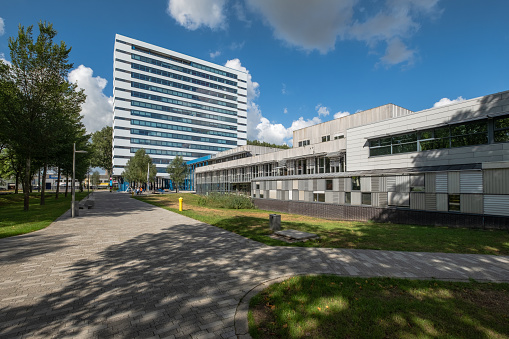 Delft, The Netherlands - Aug 17, 2018 : The modern white building for Aerospace Engineering of the Delft University of Technology, Netherlands.