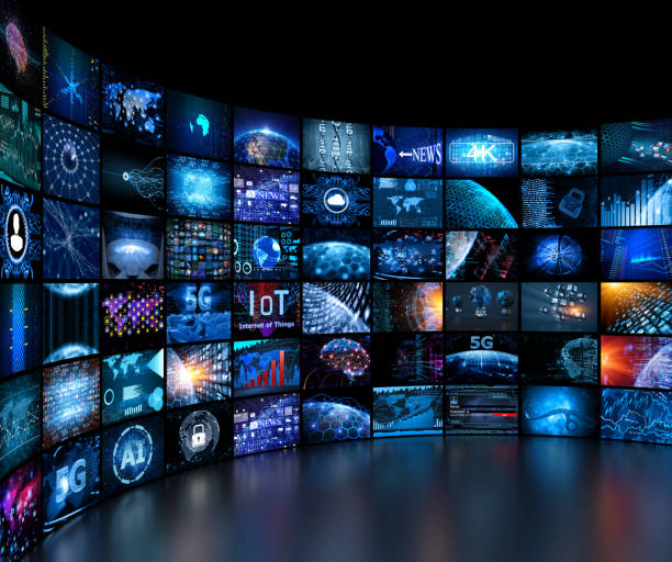 작은 스크린 미디어 개념 비디오 벽 - 텔레비전 산업 이미지 뉴스 사진 이미지