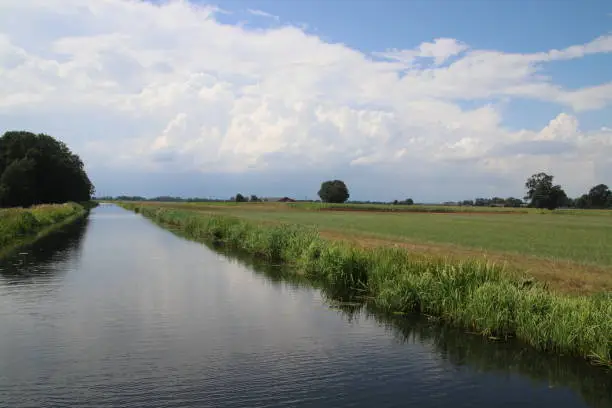 Canal Raaltewetering in Wijhe the Netherlands with a lot of cumulus stormclouds above it which reflecting.