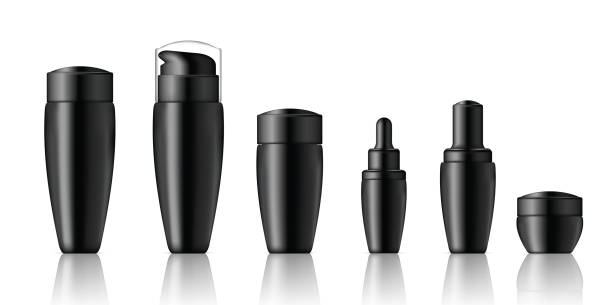 istock Mock up Realistic Black Cosmetic Soap, Shampoo, Cream, Perfume and Dropper Bottles Product Set Background Illustration 1021276304