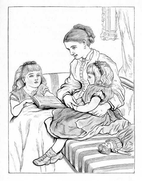istock Mother reading a bedtime story to her daughters, American Victorian Engraving, 1882 1021284406