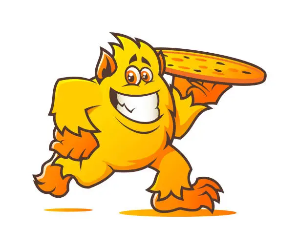 Vector illustration of Cheesy monster chef character with pizza - vector mascot for pizzeria