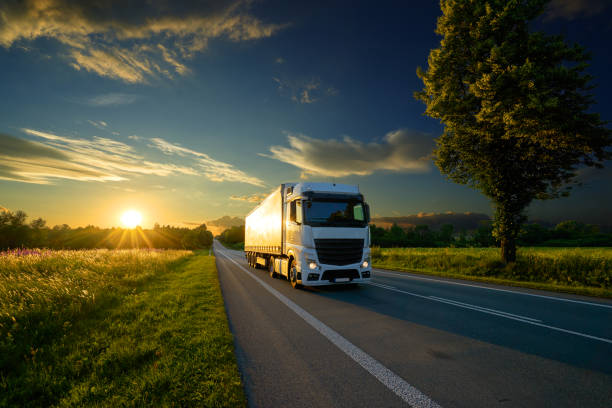 camion che guida sulla strada asfaltata nel paesaggio rurale al tramonto d'oro - truck horizontal shipping road foto e immagini stock