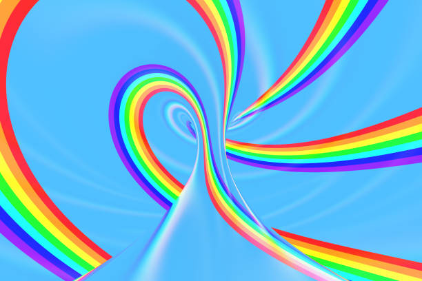 istock Rainbow in sky bright spiral tunnel. Striped twisted summer optical illusion. Abstract background. 3D render. 1021295834